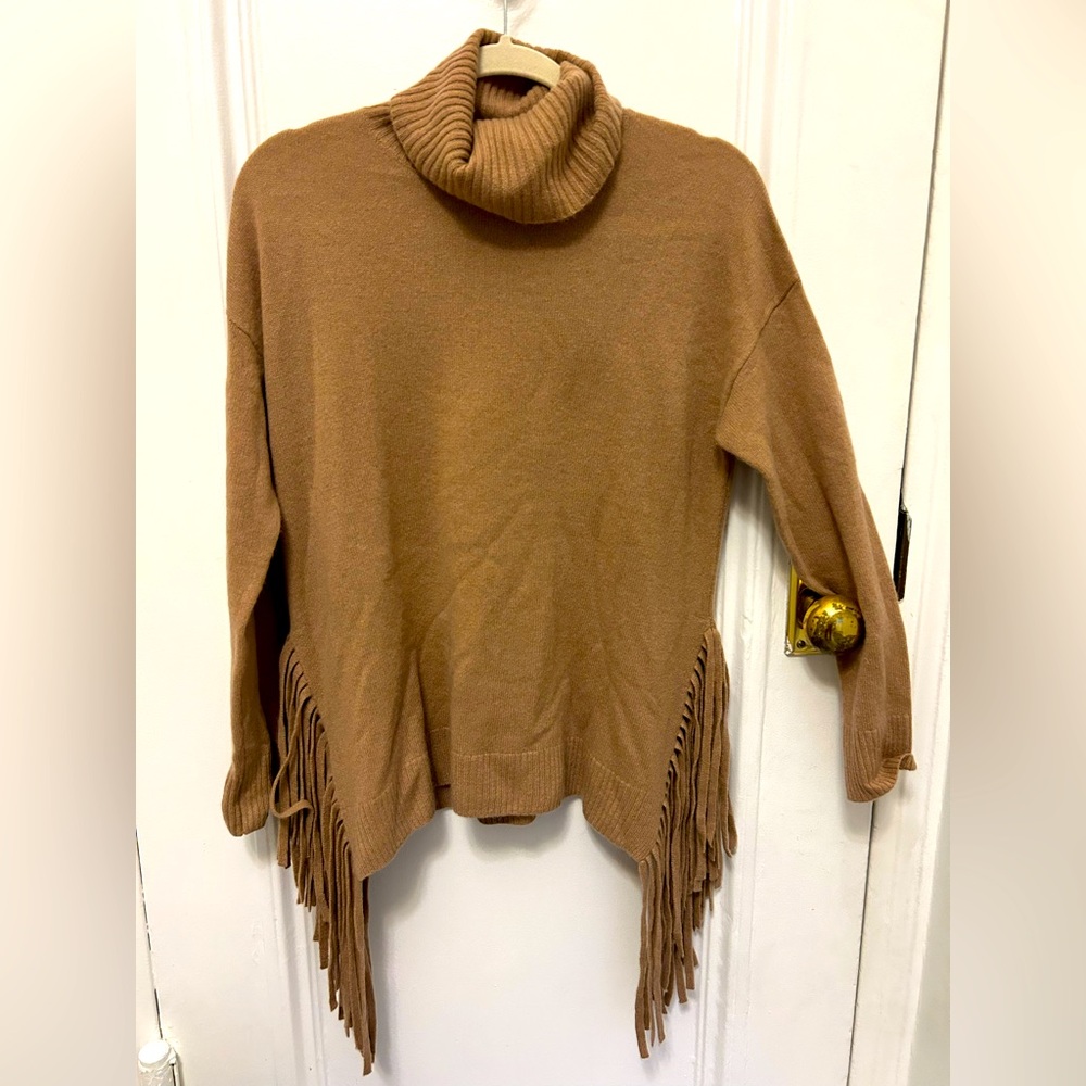 Bloomingdale's CASHMERE Tan Cowl Turtleneck Sweater with Fringe